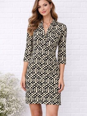 J. McLaughlin Catalina Cloth Cream and Black Geometric Faux Wrap Dress Size S
